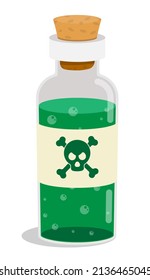 Glass bottle, test tube with cork with poisonous liquid inside. Hazardous substance, symbol of danger and threat to life and health. Cartoon vector isolated on white back