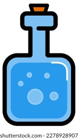A glass bottle that is uniquely shaped and contains a blue liquid with bubbles. The condition of the bottle that is closed by a bottle cap that fits the width of the bottle hole.