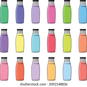 Glass Bottle with transparent glass in different colors isolated on white background.