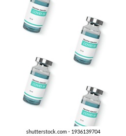Glass bottle with vaccine from covid-19. Vaccination and treatment web banner template. Realistic vector illustration 
