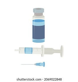 Glass bottle with vaccine, medicinal preparation in liquid form. disposable syringe and needle. Vector stock illustration isolated on white background.