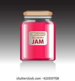 Glass bottle vector illustration. Red Fruit Jam Jar. Berry Marmalade. Homemade Cannet frut. 