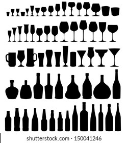 Glass and bottle vector silhouette collection. Set of different drinks and bottles isolated on white  background.