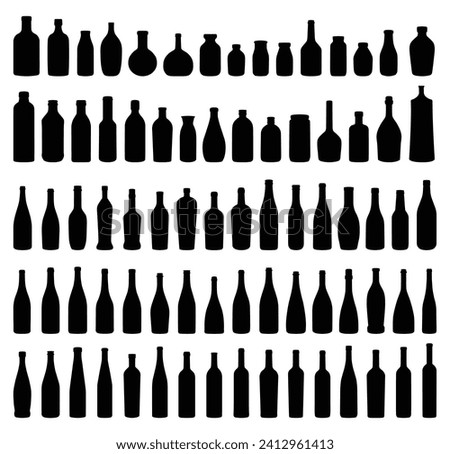 Glass bottle vector silhouette collection. Set of bottles for different drinks. Vector icons illustration isolated on a white background. 