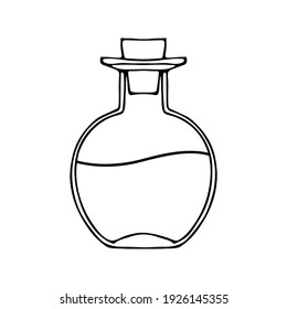 Botella de vidrio. Esbozo vectorial aislado sobre fondo blanco. Frasco de estética, perfume, aromaterapia o aceites esenciales. Señal de cuidado de belleza, ilustración de líquido en botella. Logo lineal para tienda de cosméticos