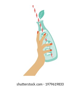 A glass bottle with water, ice, and a straw in a woman's hand. Vector, white background, isolated.
