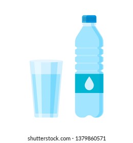 Vidrio y botella de agua aislada ilustración vectorial sobre fondo blanco.