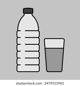 Glass and bottle of water vector grayscale icon. Graph symbol for fitness and weight loss web site and apps design, logo, app, UI