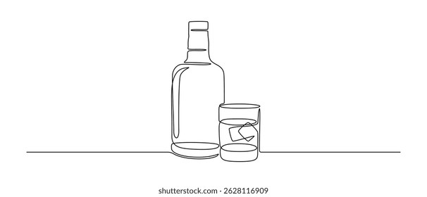 Vidro e garrafa de uísque em um desenho de linha contínua. Whisky e licor com cubos de gelo para menu de bebidas alcoólicas em estilo linear simples. Traçado editável. Ilustração de vetor desenhada à mão