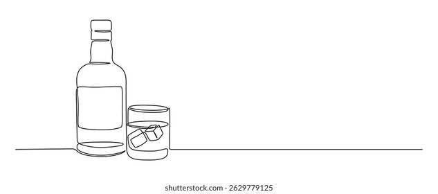 Glass and bottle of whiskey in one continuous line drawing. Whisky and liquor with ice cubes for alcohol drink menu in simple linear style. Editable stroke. Doodle vector illustration