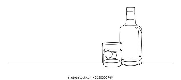 Glass and bottle of whiskey in one continuous line drawing. Whisky and liquor with ice cubes for alcohol drink menu in simple linear style. Editable stroke. Contour vector illustration