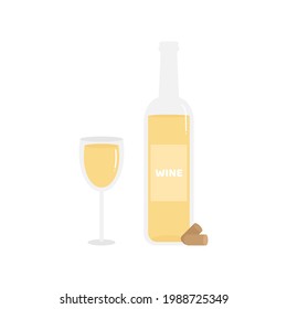 Glass and bottle of white wine vector cartoon style illustration.
