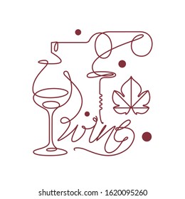 Glass and bottle of wine, grape leaf and corkscrew. Single line icon in modern style. Design element for wine tasting, menu, wine list, restaurant, winery, shop. Continuous line