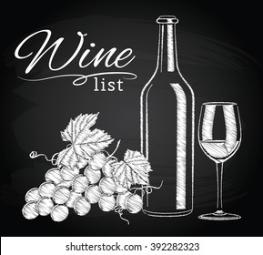 glass  bottle  wine  grapes chalkboard