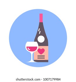 Vidrio Y Botella De Vino Con Icono De Forma Cardíaca En Fondo Azul Iluminación Vector Aislado