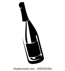 Glass bottle of wine with label, alcoholic beverage, vector, illustration, in black and white color, isolated on white background