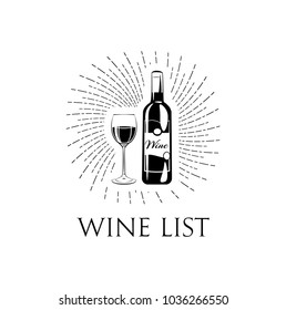 Glass and bottle of wine. Wine list. Vector illustration isolated on white background. Bottle and glass in beams.