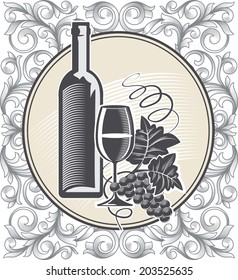 Glass and bottle of wine on vintage decorative background