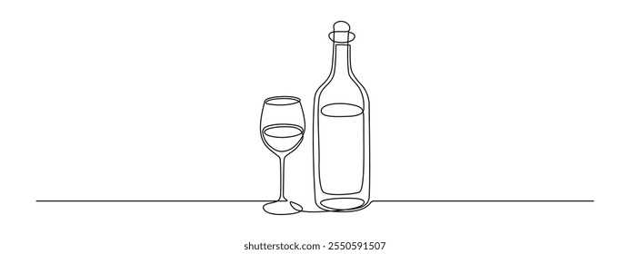 Glass and bottle of wine in one continuous line drawing. Minimalist holiday concept of celebrate toast and cheering drink in simple linear style. Editable stroke. Doodle contour vector illustration