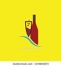 glass and bottle of wine vector logo on yellow background