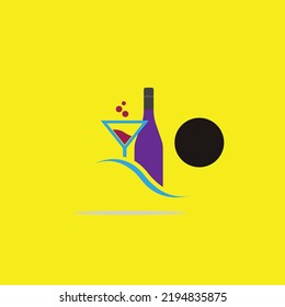 glass and bottle of wine vector logo on yellow background