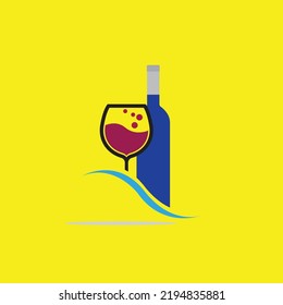 glass and bottle of wine vector logo on yellow background