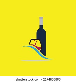 glass and bottle of wine vector logo on yellow background