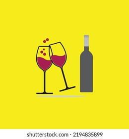 logotipo del vector del vino de vidrio y botella sobre fondo amarillo