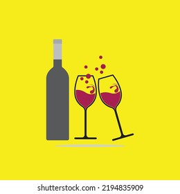 glass and bottle of wine vector logo on yellow background