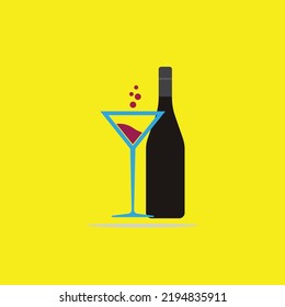 glass and bottle of wine vector logo on yellow background