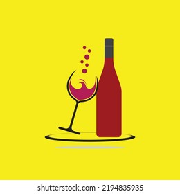 logotipo del vector del vino de vidrio y botella sobre fondo amarillo
