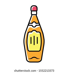 Glass bottle of wine, whiskey, rum color icon. Alcoholic drink, beverage. Color glass liquor bottle with yellow label. Stemware in bar, cafe, restaurant. Isolated vector illustration