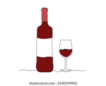 Glass bottle with wine,port, alcohol. wine glass, continuous single line art drawing sketch, logo