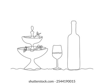 Glass bottle with wine,port, alcohol. wine glass, fruit bowl, continuous single line art drawing sketch, logo