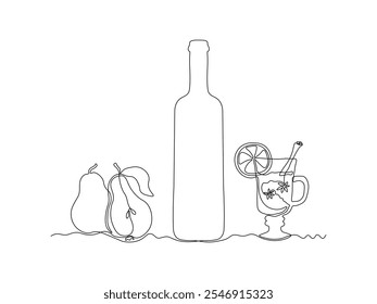 Glass bottle with wine,port, alcohol. wine glass, mulled wine, pear , continuous single line art drawing sketch, logo