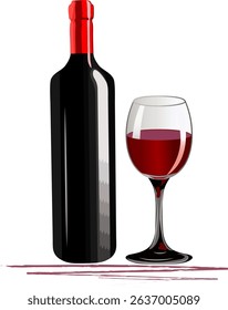 A glass and a bottle of wine.Vector illustration of bottle and glass goblet filled with red wine on transparent background.