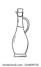 A glass bottle with a wooden stopper, a container for liquid olive or vegetable oil. Vector illustration