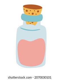 Glass bottle with wooden stopper. Vessel with liquid, perfumes, aromatherapy oils. Cartoon vector illustration on isolated background.