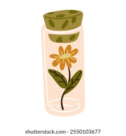 Una botella de vidrio con una flor amarilla en el interior. Floristería casera para la memoria. Un Pequeño frasco con tapa para guardar recuerdos. Terrario para plantas, herbario, flores secas. Ilustración vectorial