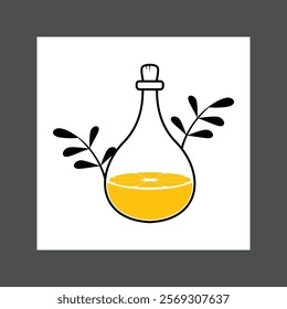 A glass bottle with a yellow liquid inside, surrounded by black silhouettes of leaves or branches