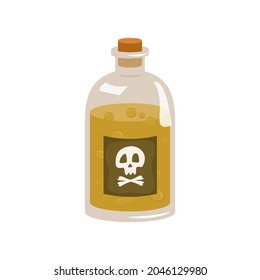 Glass bottle with yellow poison and bubbles. Skull and crossbones label.