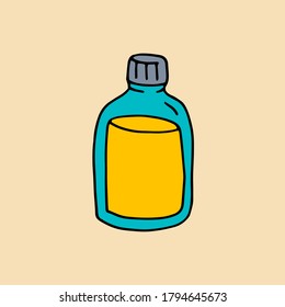 A glass bottle with a yellow potion. A container with a liquid. Potion. Colorful vector doodle illustration