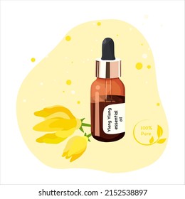 Glass Bottle With Ylang Ylang Essential Oil And Fresh Flowers Isolated On White Background. Collection Of Oils For Aromatherapy And Spa. Vector Illustration In Cartoon Flat Style. Cananga Odorata