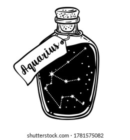 Glass Bottle with zodiac Aquarius constellation inside. Vector ink illustration. Doodle style sketch, Black and white drawing isolated. Design for coloring book page for adults and kids.