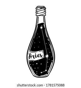 Glass Bottle with zodiac Aries constellation inside. Vector ink illustration. Doodle style sketch, Black and white drawing isolated. Design for coloring book page for adults and kids.