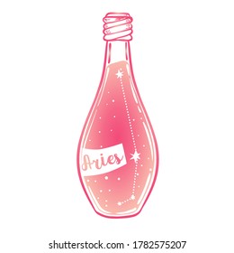 Glass Bottle with zodiac Aries constellation inside. Vector ink illustration. Doodle style sketch, Color gradient drawing isolated on white. 