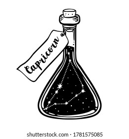 Glass Bottle with zodiac Capricorn constellation inside. Vector ink illustration. Doodle style sketch, Black and white drawing isolated. Design for coloring book page for adults and kids.