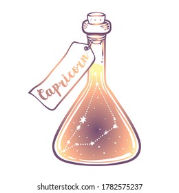 Glass Bottle with zodiac Capricorn constellation inside. Vector ink illustration. Doodle style sketch, Color gradient drawing isolated on white. 