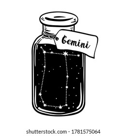 Glass Bottle with zodiac constellation inside. Vector ink illustration. Doodle style sketch, Black and white drawing isolated. Design for coloring book page for adults and kids.