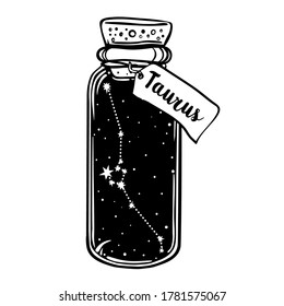 Glass Bottle with zodiac constellation inside. Vector ink illustration. Doodle style sketch, Black and white drawing isolated. Design for coloring book page for adults and kids.